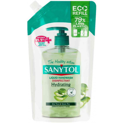 Sanytol Zelený čaj & Aloe Vera dezinfekčný hydratujúce mydlo na ruky náhradná náplň 500 ml