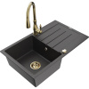Mexen Bruno granitový 1-komorový drez s odkvapkávačom a kuchynskou batériou Savita, čierny škvrnitý - 6513-76-672601-50
