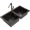 Mexen Mario, 2-komorový granitový drez 820x436x161 mm a drezová batéria Flora, čierna-zlatá metalíza, 6504-75-670401-57-B