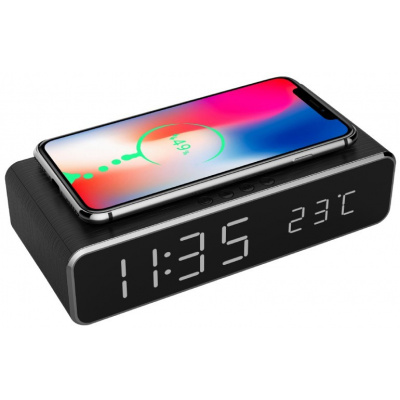 Wireless QI charger with digital alarm clock and thermometer, GEMBIRD, 5W, black