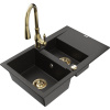 Mexen Gaspar žulový drez 1,5-komorový s odkvapkávačom a kuchynskou batériou Savita, čierny/zlatý - 6507-75-672601-50