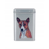 Plechová dóza s obrázkom psa plemena basenji