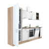 Kuchynská linka Yorki 280 s korpusom z duba sonoma, prednou časťou v bielom hodvábnom lesku so spodným prvkom rúry a spodnou chladničkou s mrazničkou