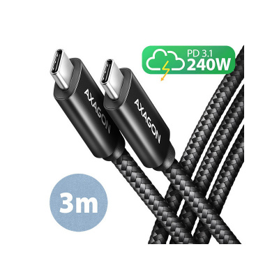 AXAGON BUCM2-CM30AB, CHARGE kabel USB-C USB-C, 3m, Hi-Speed USB, PD 240W 5A, ALU, oplet, černý (BUCM2-CM30AB)