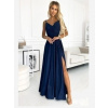 Numoco 299-10 CHIARA elegantné maxi šaty na ramienka - tmavomodré s trblietkami
