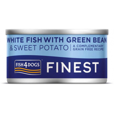 Fish4dogs Finest s bielou rybou, sladkými zemiakmi a zelenými fazuľkami 85 g