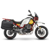 Kompletná sada bočných čiernych hliníkových kufrov SHAD TERRA BLACK 36L/47L, vrátane montážnej sady SHAD MOTO GUZZI V 85 TT