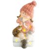 Postavička MagicHome Vianoce, Dievčatko sediac na taburetke s ježkom, 1 LED, polyresin, 10,5x10,5x19,5 cm