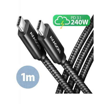 AXAGON BUCM2-CM10AB, CHARGE kabel USB-C - USB-C, 1m, Hi-Speed USB, PD 240W 5A, ALU, oplet, černý (BUCM2-CM10AB)