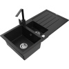 Mexen Andres granitový drez s 1,5 komorami s odkvapkávačom a kuchynskou batériou Rita, čierno/zlatý metalický