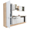 Kuchynský nábytok Yorki 280 so skrinkou z duba sonoma, biela predná strana s hodvábnym leskom a chladničkou pod linkou