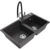 Mexen Tomas, 2-komorový granitový drez 800x500x190 mm a kuchynská batéria Duo, čierna škvrnitá, 6516-76-671701-07
