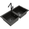 Mexen Mario, 2-komorový granitový drez 820x436x161 mm a drezová batéria Flora, čierna-zlatá metalíza, 6504-75-670401-70-B