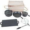 Liatinový BBQ outdoor set - kotlík, hrniec, panvica, grilovacia platňa, drevený box
