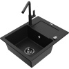 Mexen Enzo granitový drez 1-komorový s odkvapkávačom a kuchynskou batériou Flora, čierny - 6506-77-670401-70-B