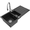 Mexen Andres granitový drez 1,5-komorový s odkvapkávačom a kuchynskou batériou Savita, čierny/strieborný