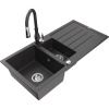 Mexen Andres granitový drez 1,5-komorový s odkvapkávačom a kuchynskou batériou Savita, čierny s bodkami