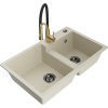 Mexen Tomas granitový drez 2-komorový s kuchynskou batériou Aster, béžový - 6516-69-73450-57-B