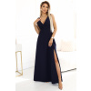 634-1 MIRA elegant maxi dress with a wrap neckline and a slit on the leg - navy blue modrá L NUMOCO 5903938295386