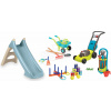 Set šmykľavka s vodnou hrou a kosačka s fúrikom XS Slide Blue Life Smoby dĺžka šmyku 90 cm a vozík na záhradu s náradím a športový set