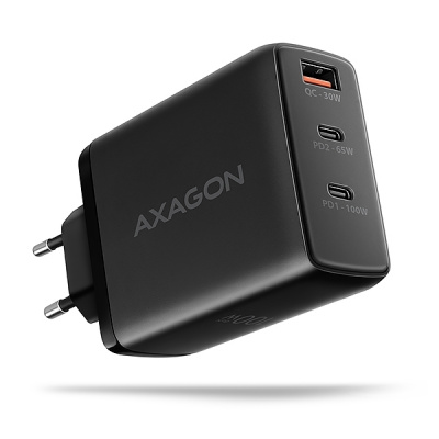 AXAGON ACU-DPQ100, GaN nabíječka do sítě 100W, 3x port (USB-A + dual USB-C), PD3.0/PPS/QC4+/Apple, černá ACU-DPQ100