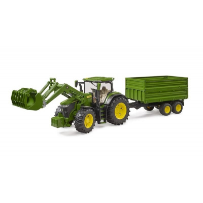 Traktor Bruder 3155 John Deere 7R 350 s čelným nakladačom a tandemovým prepravným prívesom