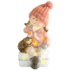 Postavička MagicHome Vianoce, Dievčatko sediac na taburetke s ježkom, 1 LED, polyresin, 10,5x10,5x19,5 cm