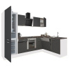 Rohová kuchynská linka Yorki 280 s bielou skrinou, antracitovým čelom s hodvábnym leskom, spodným prvkom rúry a chladničkou pod doskou