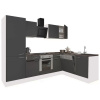 Rohová kuchynská linka Yorki 280 s bielym korpusom, antracitovým čelom s hodvábnym leskom, spodným prvkom rúry a policovou skrinkou