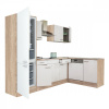 Rohová kuchynská linka Yorki 280 s korpusom z duba sonoma, s bielou prednou časťou s hodvábnym leskom a chladničkou pod doskou