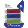 Verbatim USB flash disk, USB 2.0, 16GB 3ks, Slider, zelený, modrý, červený, 49326, USB A, s výsuvným konektorom, 3 ks