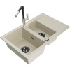 Mexen Gaspar granitový drez 1,5-komorový s odkvapkávačom a kuchynskou batériou Flora, béžový - 6507-69-670401-07-B