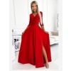 Numoco 309-8 AMBER krajkové, elegantné dlhé šaty s výstrihom a rozparkom na nohe - červené