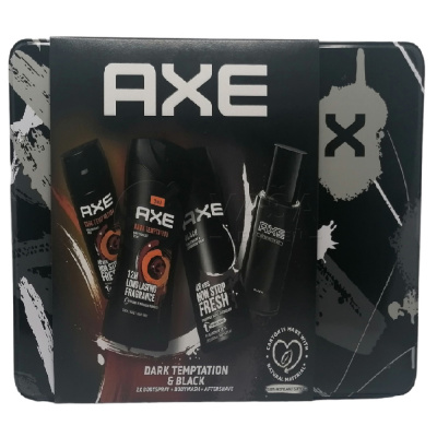 Axe Black & Dark Temptation Pánska darčeková sada v plechovej krabici 250 ml sprchový gél + 150 ml sprejový deodorant + 150 ml sprejový deodorant + 100 ml voda po holení