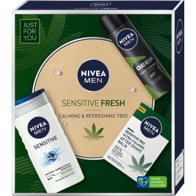 Nivea Men Sensitive Fresh Sensitive sprchový gél na telo, tvár a vlasy 250 ml + Sensitive Pro balzam po holení s konope pre mužov 100 ml + Deep Black Carbon Amazonia antiperspirant deodorant v spreji