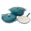Sada smaltovaného liatinového riadu (3 ks): Pekáč, panvica palacinka a panvica s pokrievkou – tyrkysová