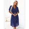 Numoco 604-4 Zmyselné šaty s bielymi bodkami, zavinovacím výstrihom a ozdobným pásikom - tmavomodré