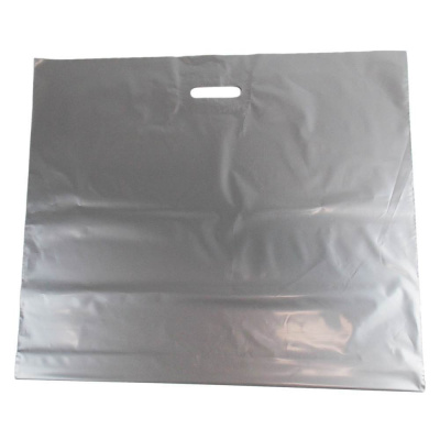 LDPE taška so spevneným prehmatom a so zloženým dnom, dĺžka 65 cm, šírka 55 cm, záložka 11 cm, strieborná