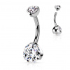 Oceľový piercing do pupku s vnútorným skrutkovaním a dvoma vsadenými kryštály Farba: číra