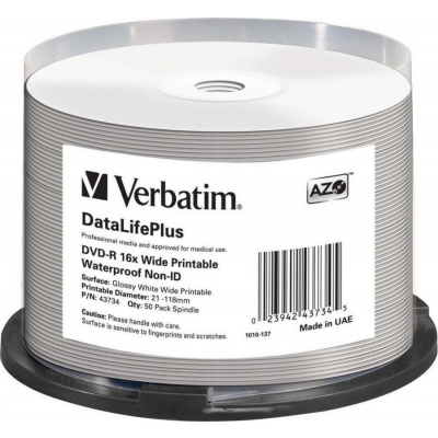 VERBATIM DVD-R 4,7GB/ 16x/ WIDE GLOSSY WATERPROOF/ printable NoID/ 50pack/ spindle