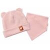 Baby Nellys Rebrovaná dvojvrstvová čiapka s uškami + šatka TEDDY - púdrová 80-86 (12-18m)