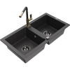 Mexen Mario, 2-komorový granitový drez 820x436x161 mm a drezová batéria Flora, čierna škvrnitá, 6504-76-670401-75-B