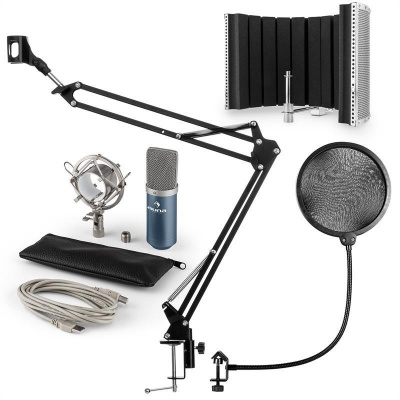 Auna MIC-900BL USB mikrofónová sada V5 kondenzátorový mikrofón, pop filter, mikrofónový absorbčný panel, mikrofónové rameno modrá farba (60001968-V5)