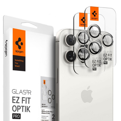 Spigen Glass tR EZ Fit Optik Pro 2 Pack, white titanium - iPhone 15 Pro/15 Pro Max AGL07165