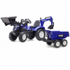 FALK Šlapací traktor New Holland T8 s nakladačom rypadlom a maxi vlečkou modrý