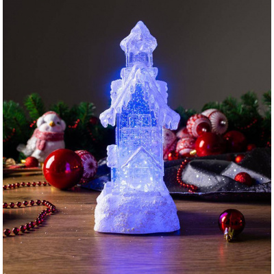 Dekorácia MagicHome Vianoce, Domček, LED, meniaca farby, s plávajúcimi trblietkami, PE, 2xAA, 9,50x9,50x24,50 cm