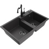 Mexen Tomas, granitový drez 800x500x190 mm, 2-komorový a drezová batéria Carla, čierna škvrnitá, 6516-76-670700-70-B