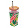 Quokka Sklenený cestovný hrnček so slamkou Liquid Cube Pink Jungle Flora 540 ml