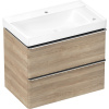 HANSGROHE Xelu Q závesná skrinka s asymetrickým umývadlom s odkladacou plochou vpravo (s dvomi otvormi/bez prepadu), 2 zásuvky, 800 x 495 x 695 mm, prírodný dub, rukoväť chróm, 54382000