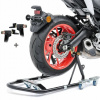 MOTOCYKLOVÝ STOJAN ZDVIHÁK ZADNÝ POD VAHADLO, MANÉVROVACÍ, OCEĽOVÝ, 2 TYPY ADAPTÉROV